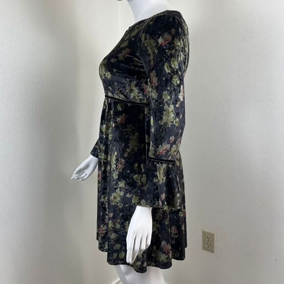 Banned Retro Womens Size 14 Fair & Foward Floral Velvet Mini Dress Bell Sleeve - Picture 11 of 14